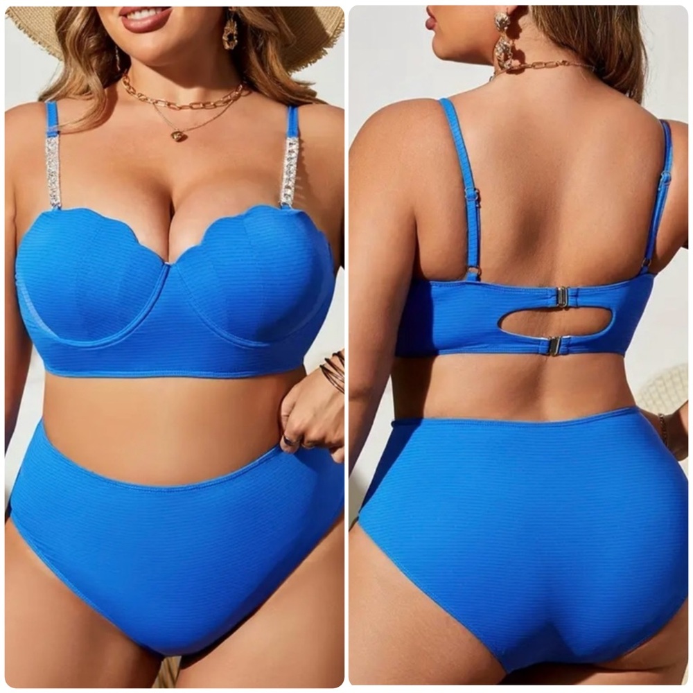 Plus Size Blue Scallop Push Up High Waisted Bikini Set